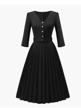 1950s inspired Classic Black Midi Dress with Belt